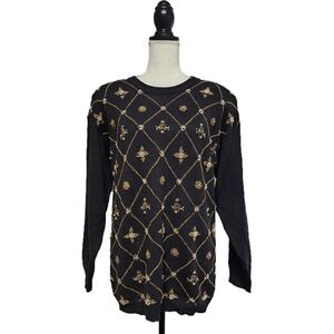 Vintage 80s Victoria Harbour Gold Beaded Black Tunic Sweater Size M Artsy Glam
